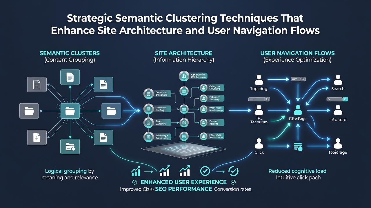 Screenshot of a restructured navigation menu organized by semantic clusters with highlighted hub pages